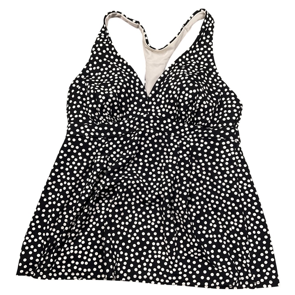 Lands End Tankini Top Women 12 Black Polka Dot Racerback Empire Waist
